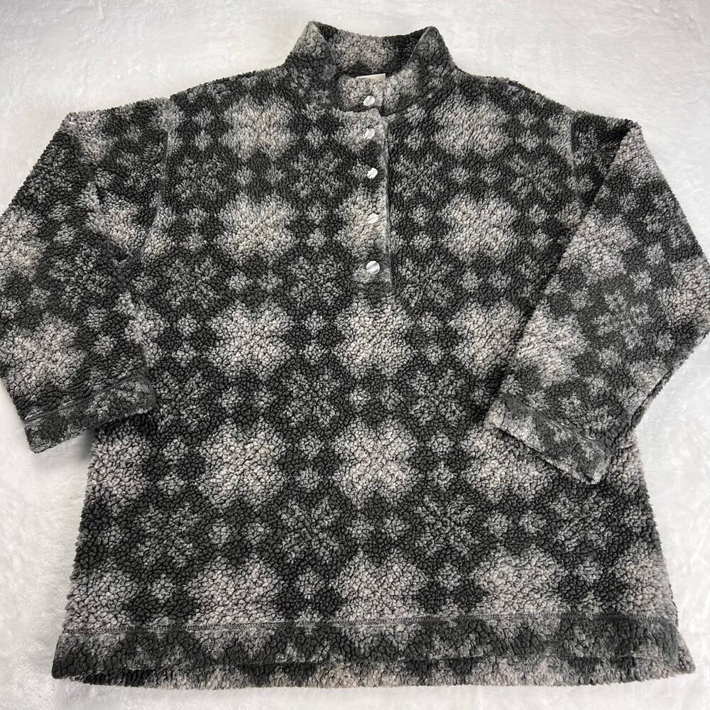L.L. Bean Vintage Sherpa Snow Flake AOP Black Gray Pull Over Fleece Jacket SZ L
